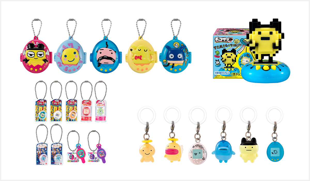 Images of Tamagotchi Swing Case 2, Choco-Capsule Tamagotchi, Tamagotchi Okashina Tamagoborocchi, and Tamagotchi Mejirushi Accessory